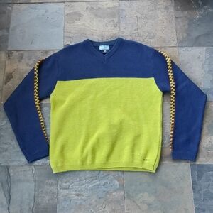 Burton | Vintage Blue & Lime Green Pure Virgin Wool V-Neck Sweater